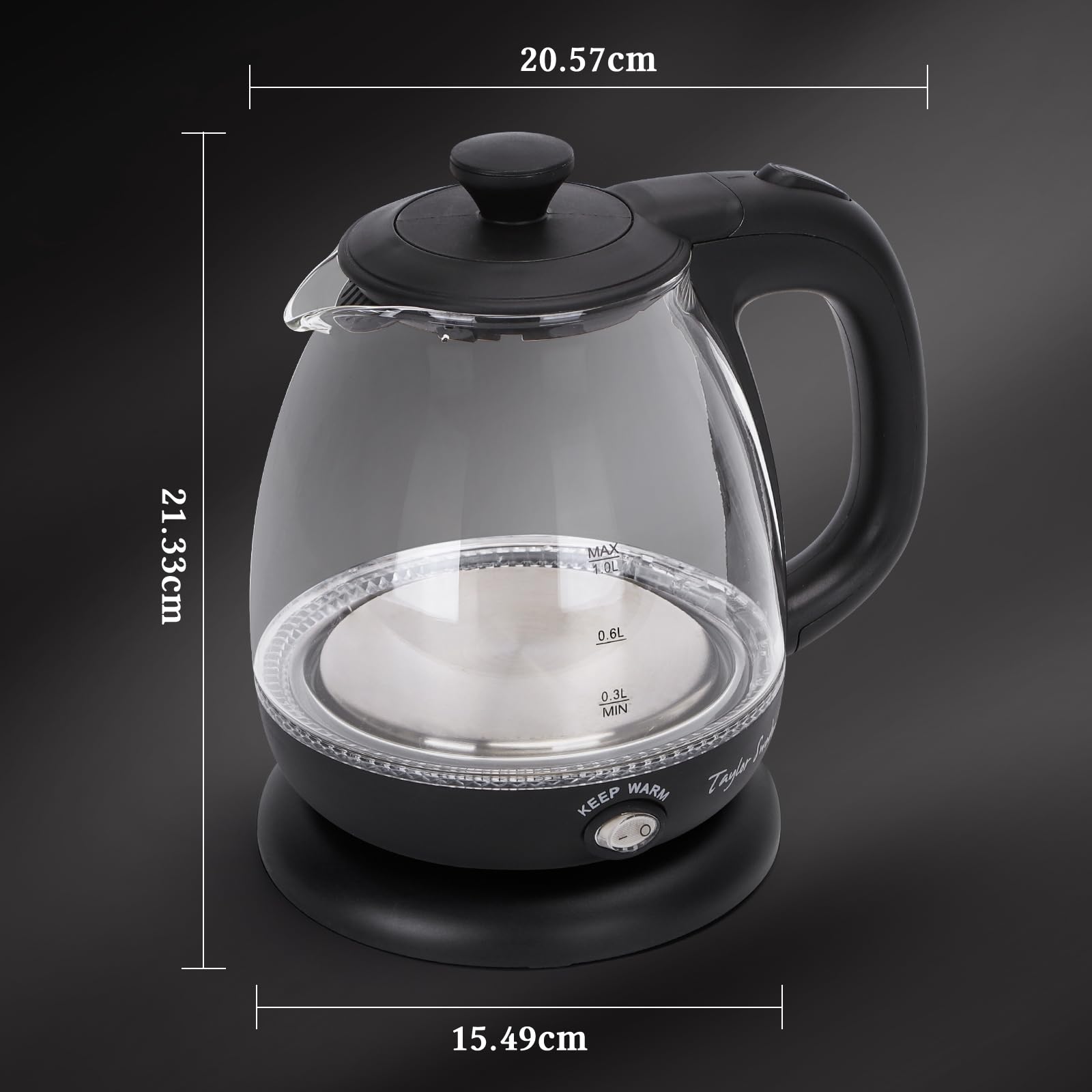 Taylor Swoden Abel - Bollitore Elettrico da 1 Litro, Bollitore in Vetro Borosilicato 2200W, Luce Led, funzione di Mantenimento Caldo, Con Infusore e Filtro Rimovibile, Teiera BPA-Free