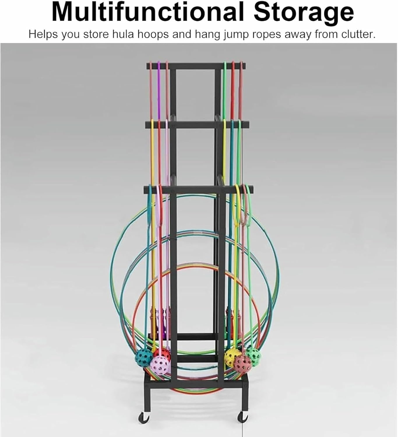 Hoop Rope Holders, Freestanding Hula Hoop and Jump Rope Holder Stand, Moveable Fitness Hoop Storage Cart, Sport Equipment Organizer Shelves