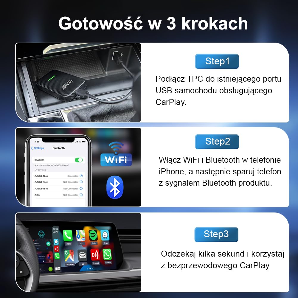 CarlinKit Bezprzewodowy adapter CarPlay 3.0 do fabrycznie okablowanych pojazdów CarPlay, czerwony interfejs UI, kompatybilny z Audi/Porsche/Volvo/Mercedes/VW/KIA/Hyundai, Upgrade, IOS17