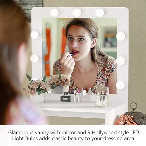 Miniatura 5 de Tribesigns - Juego de tocador grande con 9 bombillas mesa de maquillaje con 3 cajones de almacenamiento tocador para mujeres niñas dormitorio baño