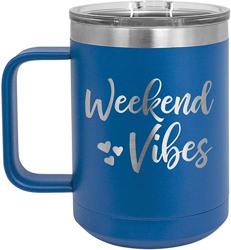 ONLYGIFTS.COM - Taza de café con tapa deslizante para viaje (13.0 fl oz), diseño con texto en inglés "WEEKEND VIBES", Azul