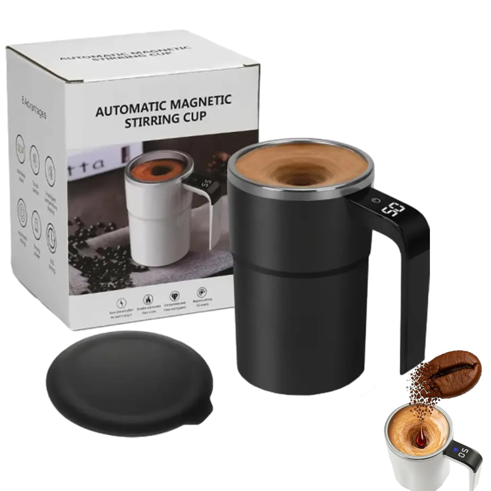 1PCS Self-Stirring Magnetic Coffee Cup with Temp Display, Smart Mugs for Hot Drinks, Self Stirring Mug Rechargeable, Automatic Magnetic Stirring Coffee Mug for Coffee, Milk, Cocoa, 380ml (Black)