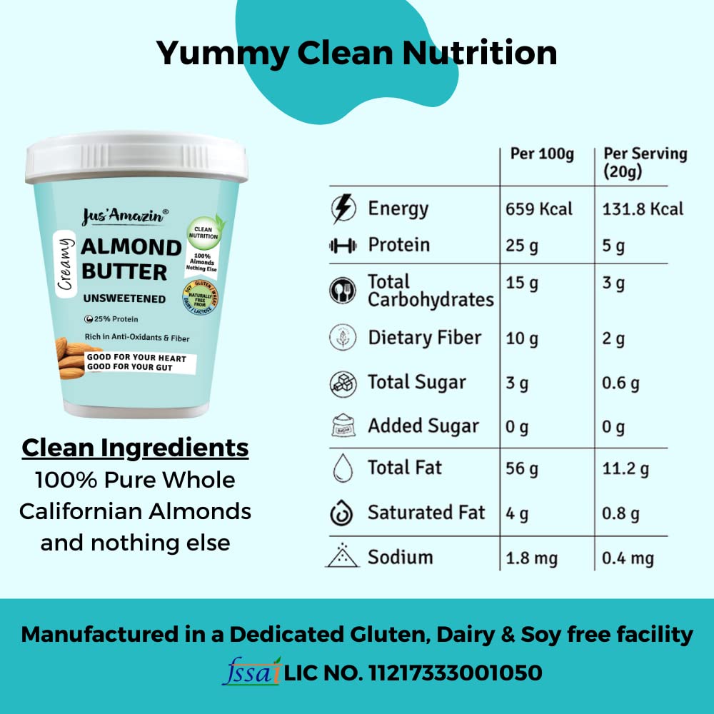 Jus' Amazin Creamy Almond Butter - Unsweetened (1 Kg Tub) | 25% Protein | Only Whole Almonds (100% Pure) | Zero Additives | Keto | Plant Based Nutrition | Clean Nutrition - Image 2 thumbnail
