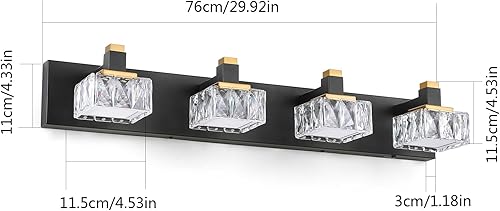 Miniatura 8 de Luces de tocador de baño sobre espejo, 4 luces regulables 5CCT, luces LED de tocador de cristal negro y dorado, iluminación de pared de 29.92