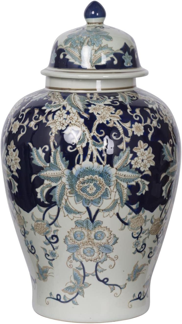 A&B Home 23" Tall Porcelain Vase with Lid Ceramic Blue and White Floral Print Ginger Jar Display Storage Asian Decor Centerpiece