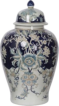 A&B Home 23" Tall Porcelain Vase with Lid Ceramic Blue and White Floral Print Ginger Jar Display Storage Asian Decor Centerpiece
