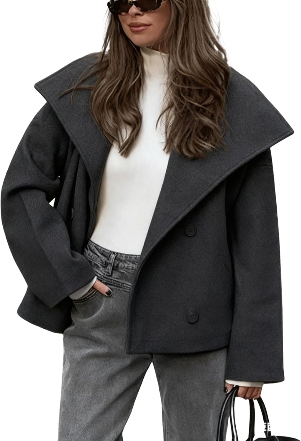 CHARTOU Womens Fall Thicken Tweed Jacket Double Breasted Lapel Collar Overcoat Wool Cropped Coffee Peacoat