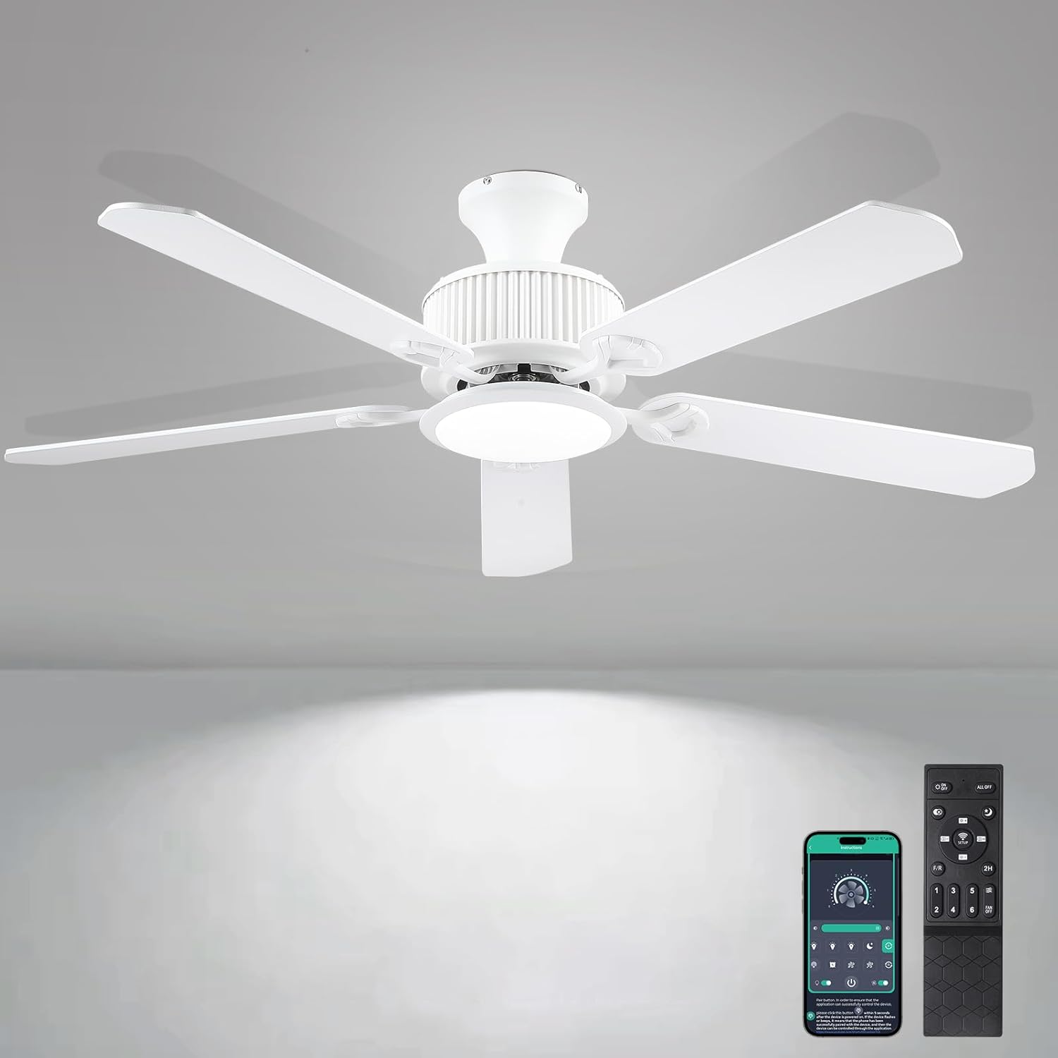 52" Ceiling Fans with Lights-Low Profile Ceiling Fan with Light and APP&Remote Control,Flush Mount Ceiling Fan for Indoor/Outdoor,3 Colors Dimmable,5 Reversible Double-Sided Blades（White）