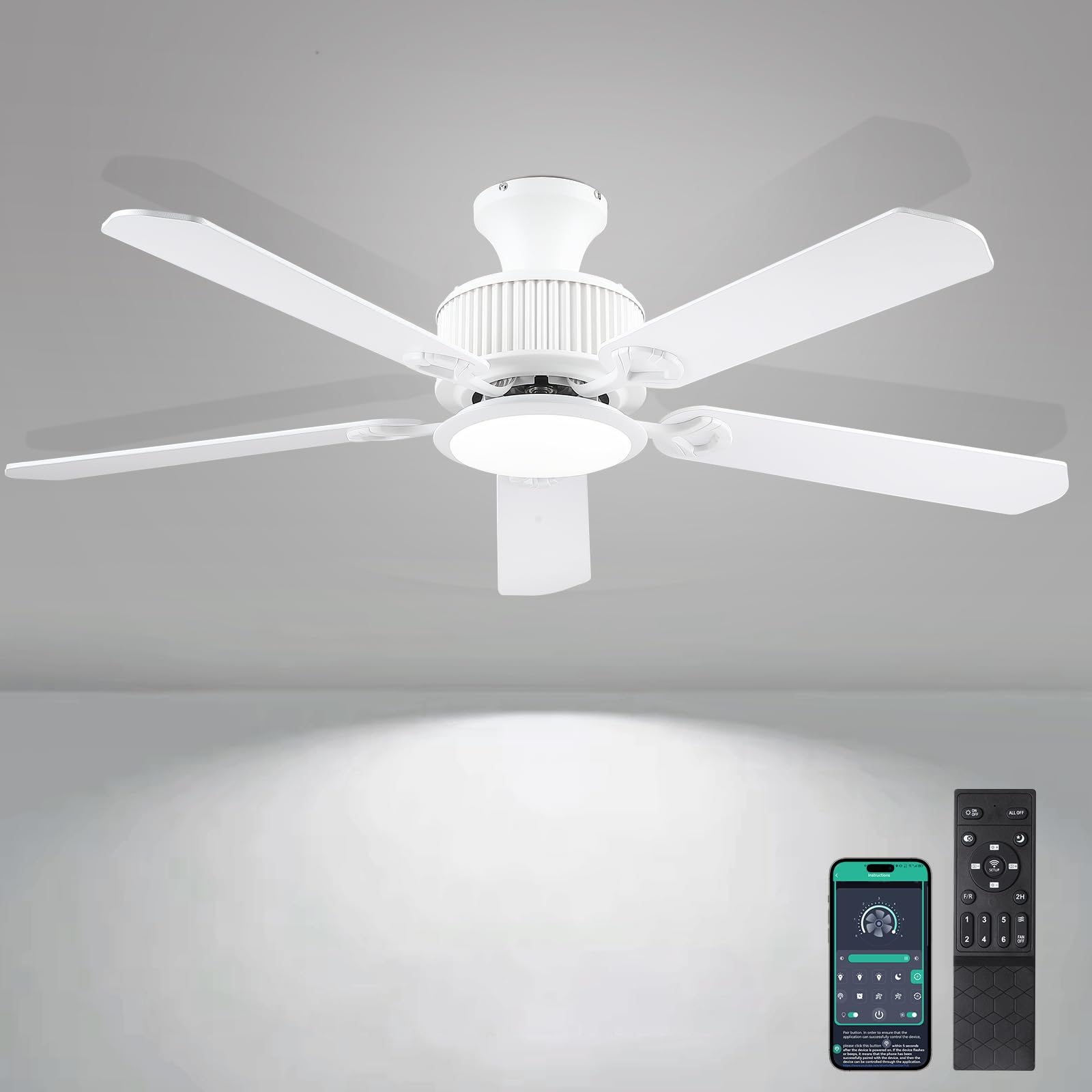Photo 1 of Surtime 52" Ceiling Fans with Lights-Low Profile Ceiling Fan with Light and APP&Remote Control,Flush Mount Ceiling Fan for Indoor/Outdoor,3 Colors Dimmable,5 Reversible Double-Sided Blades?White?