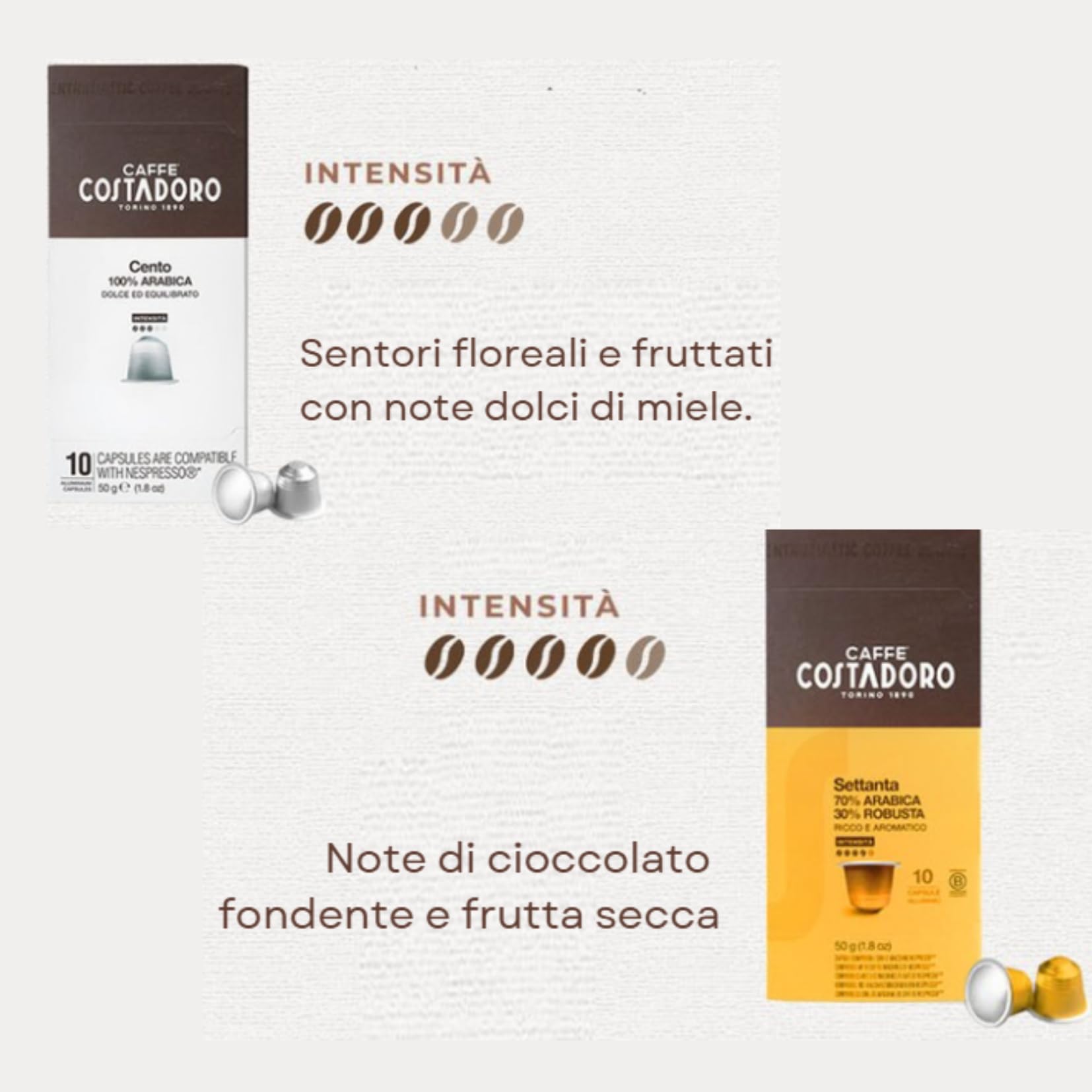 Costadoro Cento – 100 kapsułek kompatybilnych z Nespresso, 100% Arabica, 10 × opakowań po 10 kapsułek + 100 kubków kompostowalnych, wyprodukowano we Włoszech