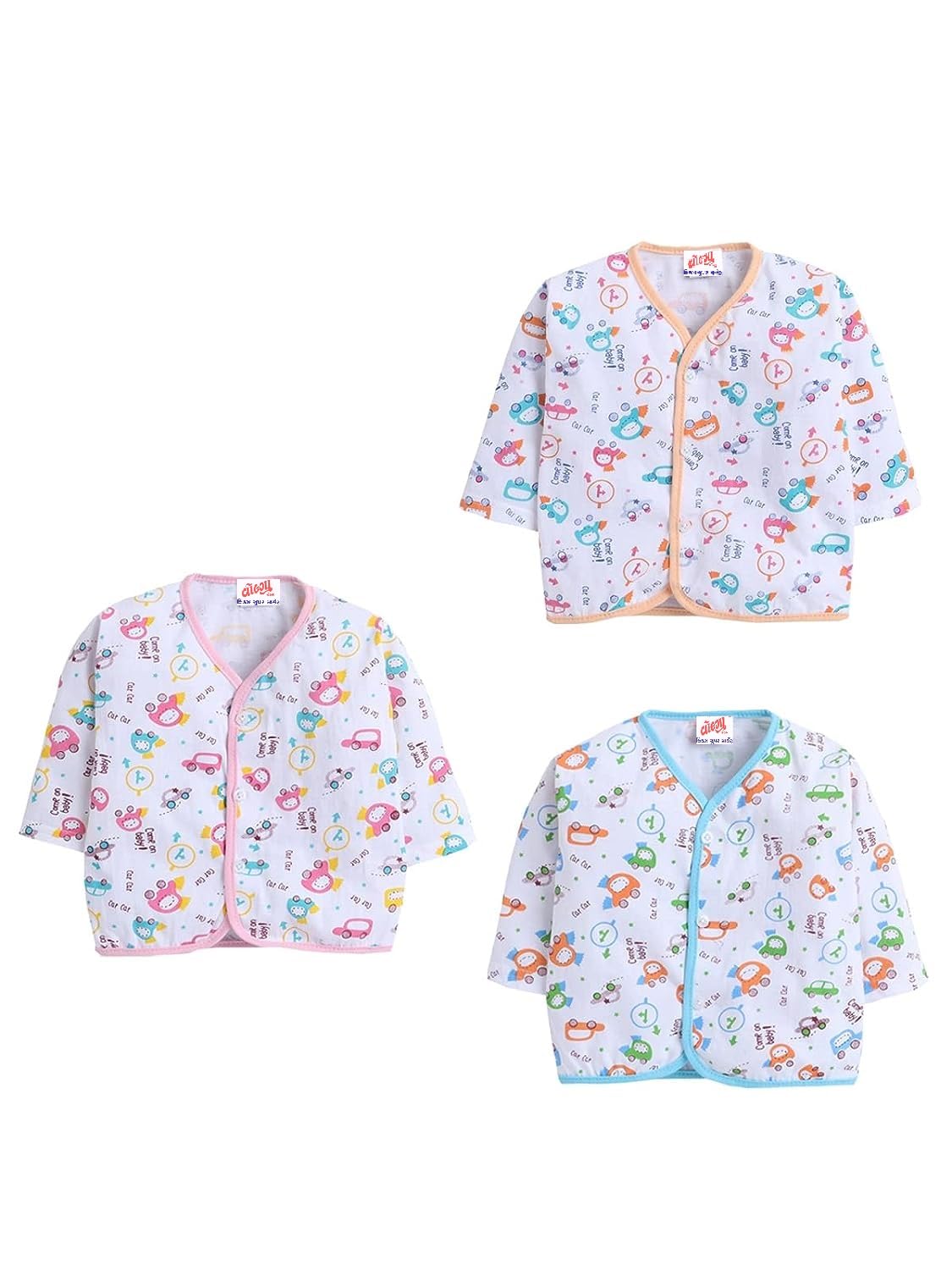 New Born Baby Premium Cotton Regular Fit Full Sleeve Jhabla (0-3 Months) Pack Of 3| Unisex Jabla For New Born Baby (Colour And Prints May Vary) White-image-31