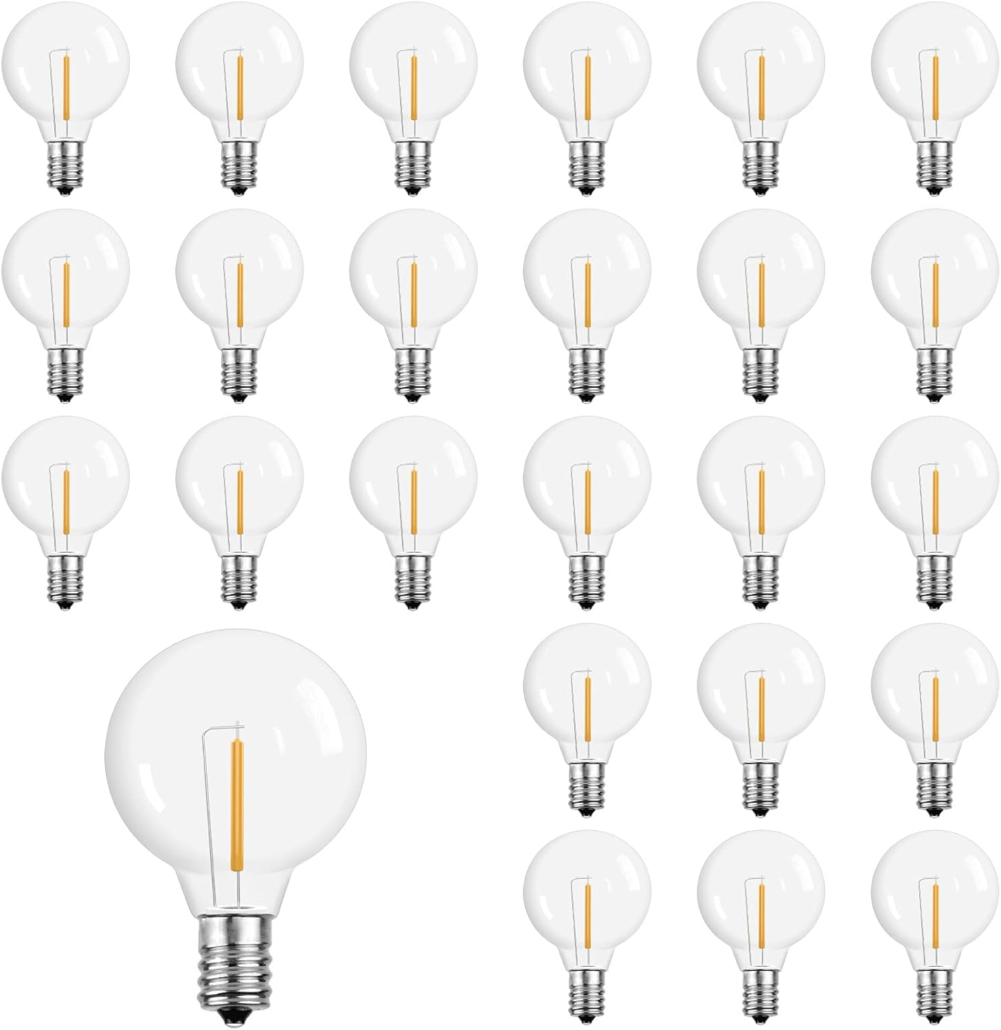 G40 Light Bulbs Replacement,1 Watt Shatterproof Plastic LED Globe Bulbs for Outdoor Indoor String Lights,E12 or C7 Candelabra Base, Equivalent 5Watt Incandescent Bulbs, Warm White, 25Pack