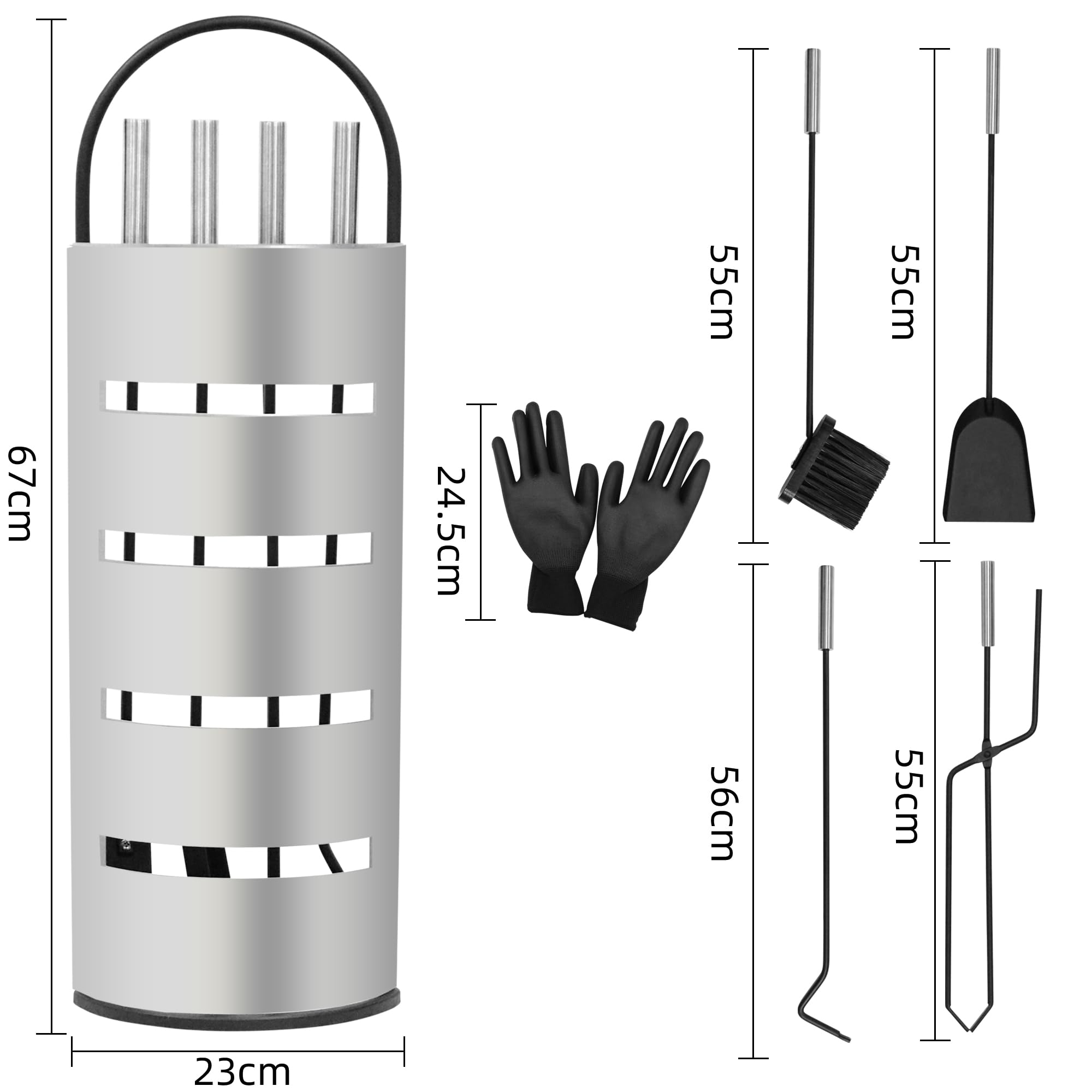 Melko Set di accessori per camino 6 pezzi con pratico contenitore per camino per cucina e casa, set di strumenti per camino con supporto, argento, set di pulizia per caminetto