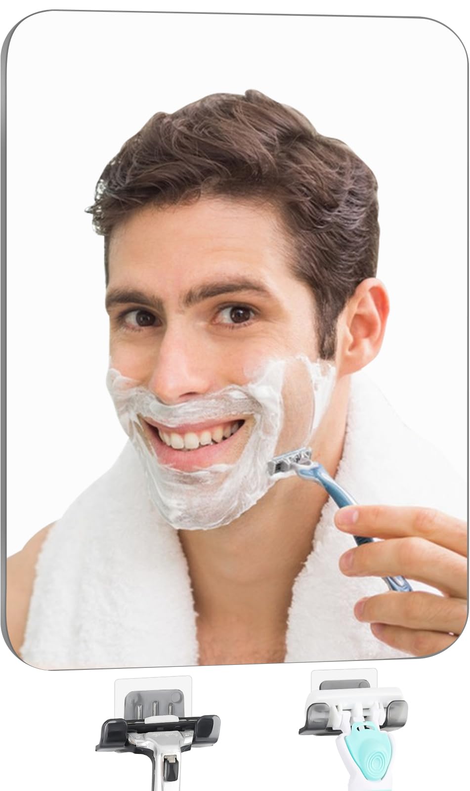Shower Mirror Fogless Shaving Large(10.3x7.9in) - Includes 2 Razor Holders & 2 Mirror Holders, Unbreakable & Easy Install & NO-Drilling, Fog Free (No Fog) Shower Mirror for Shaving