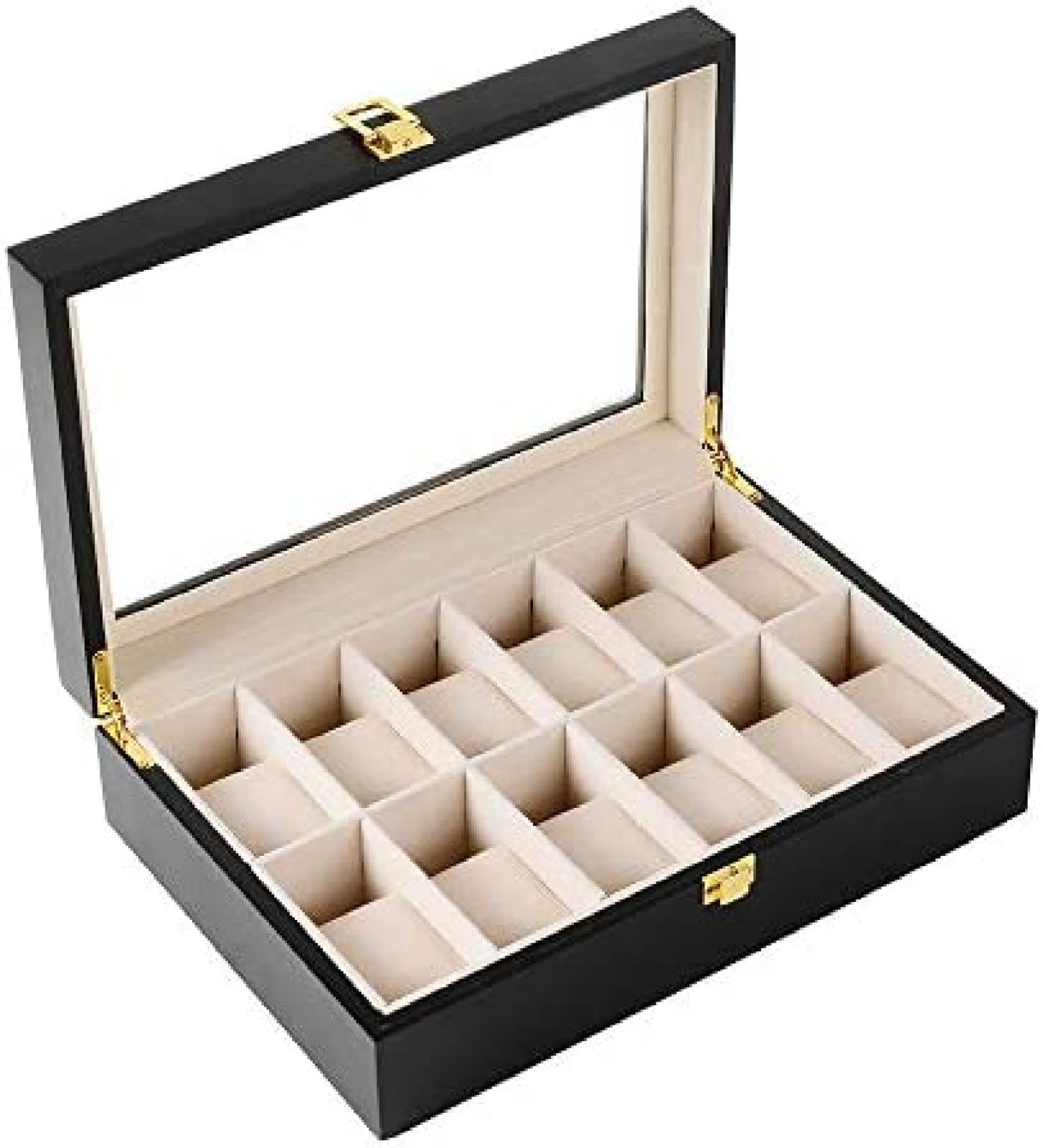 YNBSHGAA Black Wooden Watch Storage Box for 12 Watches Glass Lid Display Case for Women's Bracelets Men's Jewellery Organizer Wristwatch Holder Lockable Gift Box Watch Accessories