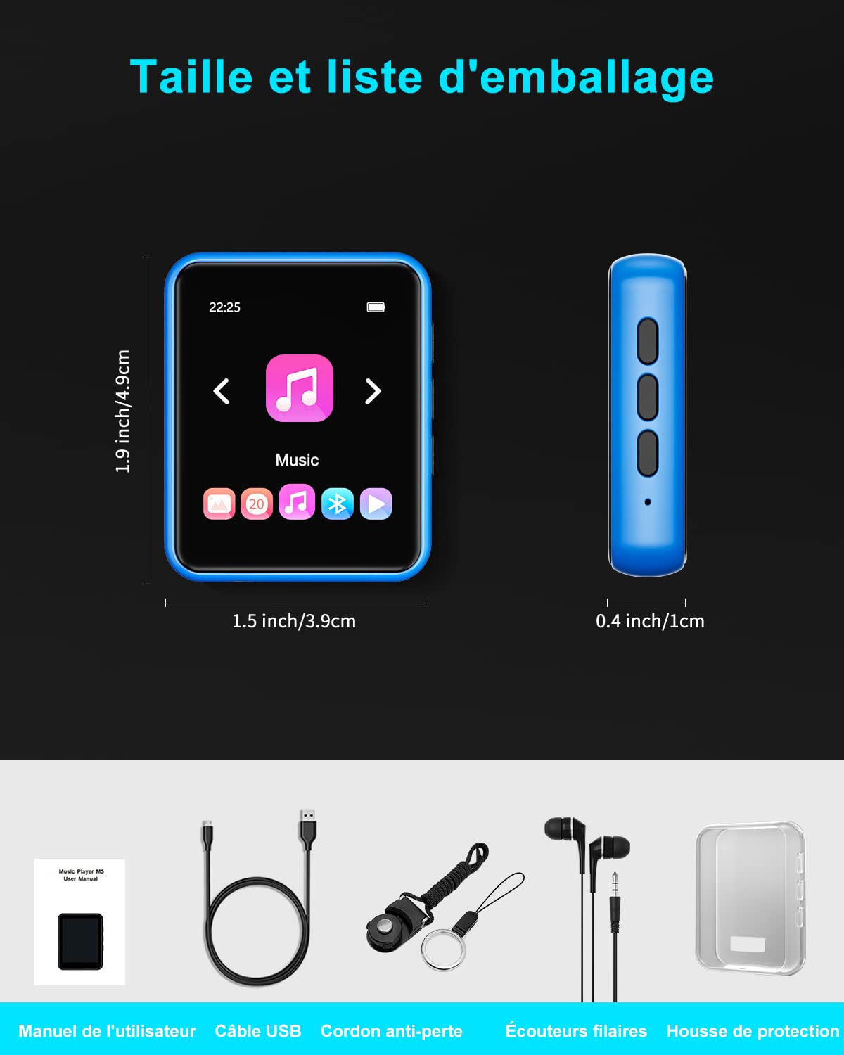 Lecteur MP3 Bluetooth 5.0 32 Go avec écran tactile complet, lecteur de musique Hi-Fi sans perte avec boîtier en métal, avec radio FM, haut-parleur, enregistrement ligne, prise en charge jusqu'à 128 Go