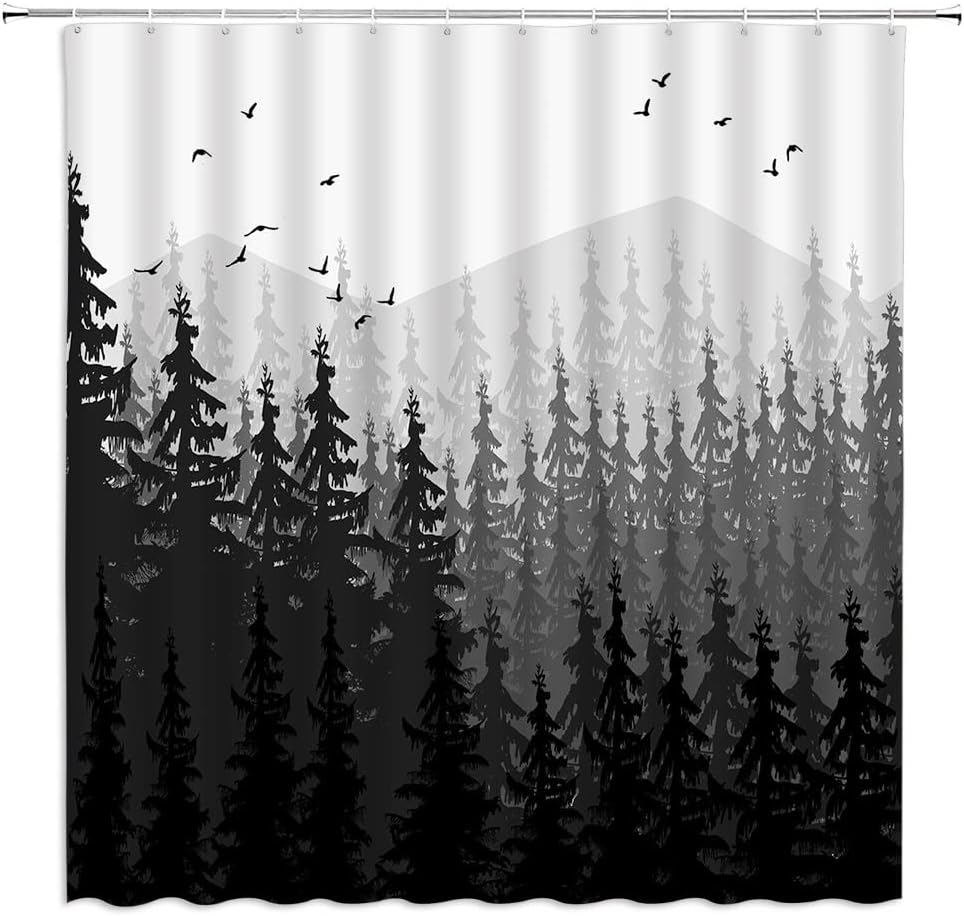 Forest Shower Curtain Nature Misty Moutain Foggy Trees Scenery Rustic Bird Pine Landscape Modern Art Black Gray Fabric Bathroom Decor Set with Hooks(70" Wx78 H)