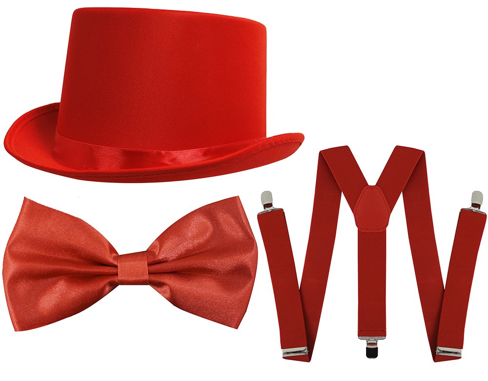 Unisex Fancy Dress Dance Show Accessories - Red Satin Top Hat, Bow Tie and Bracers - Perfect for St. Patrick's Day, Steam Punk Costumes or Dance Shows