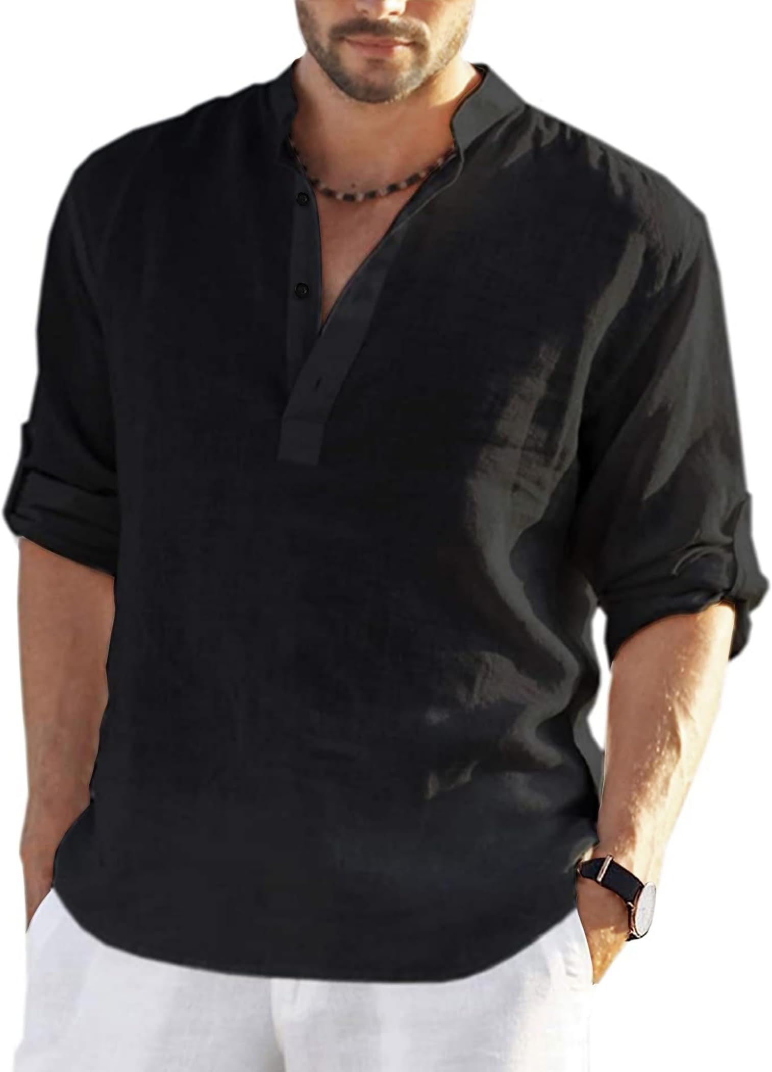 Men's Cotton Linen Shirt Long Sleeve Henley Shirts Casual Beach Top Summer Shirt