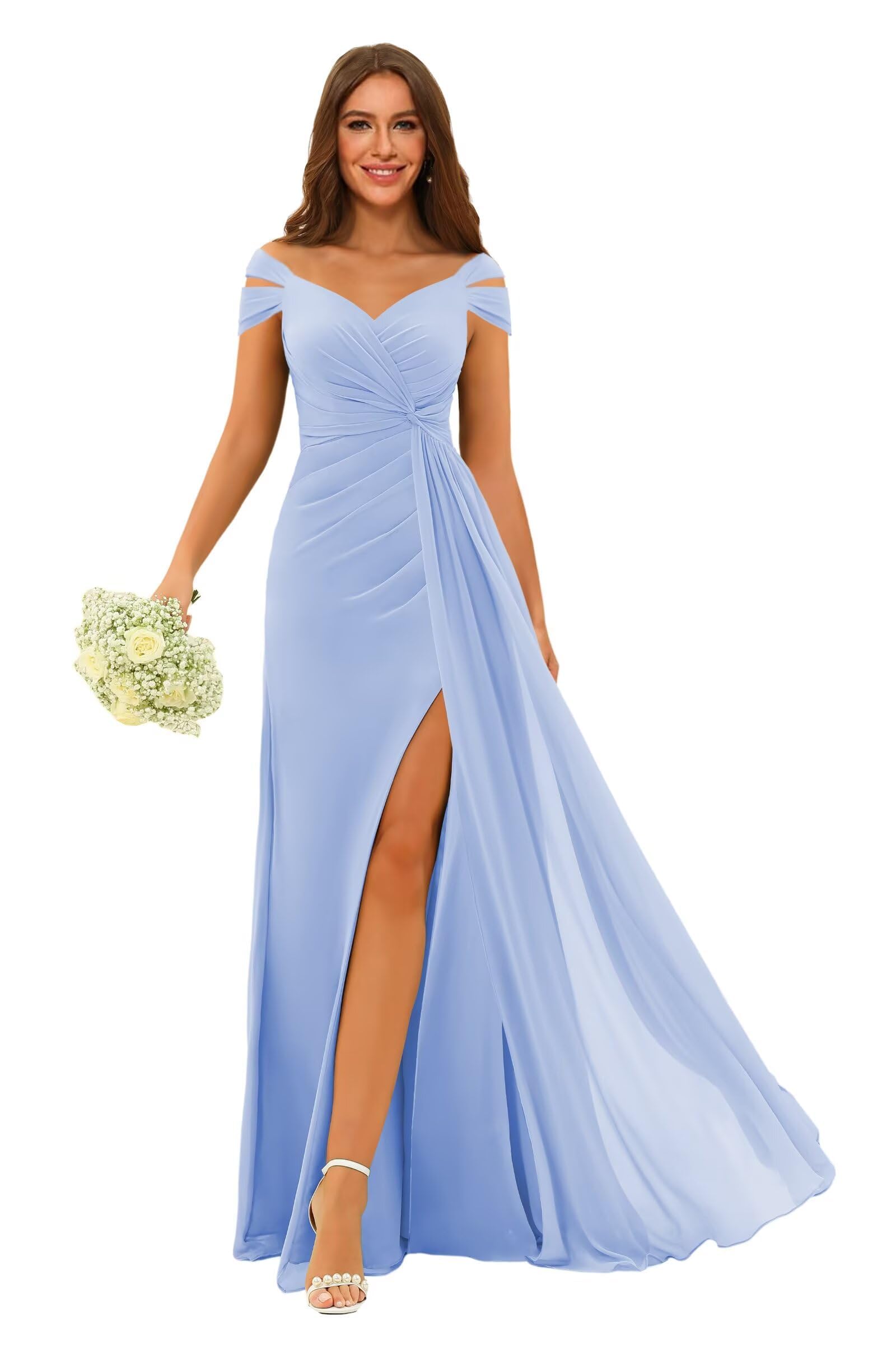 HUINI Off-Schulter Brautjungfernkleid A-Linie V-Ausschnitt Lange Chiffon formelle Abendkleider mit Schlitz