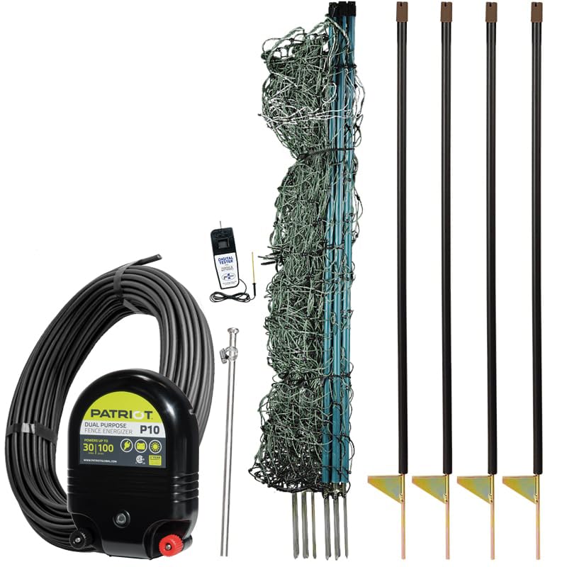 Premier 1 PoultryNet® Plus, 48"H x 100'L Electric Fence Starter Kit | Extra Line Posts to Reduce Sag | Includes: Plug-in Energizer, Insulated Cable, FiberTuff™ Support Posts and Tester | Green/Black