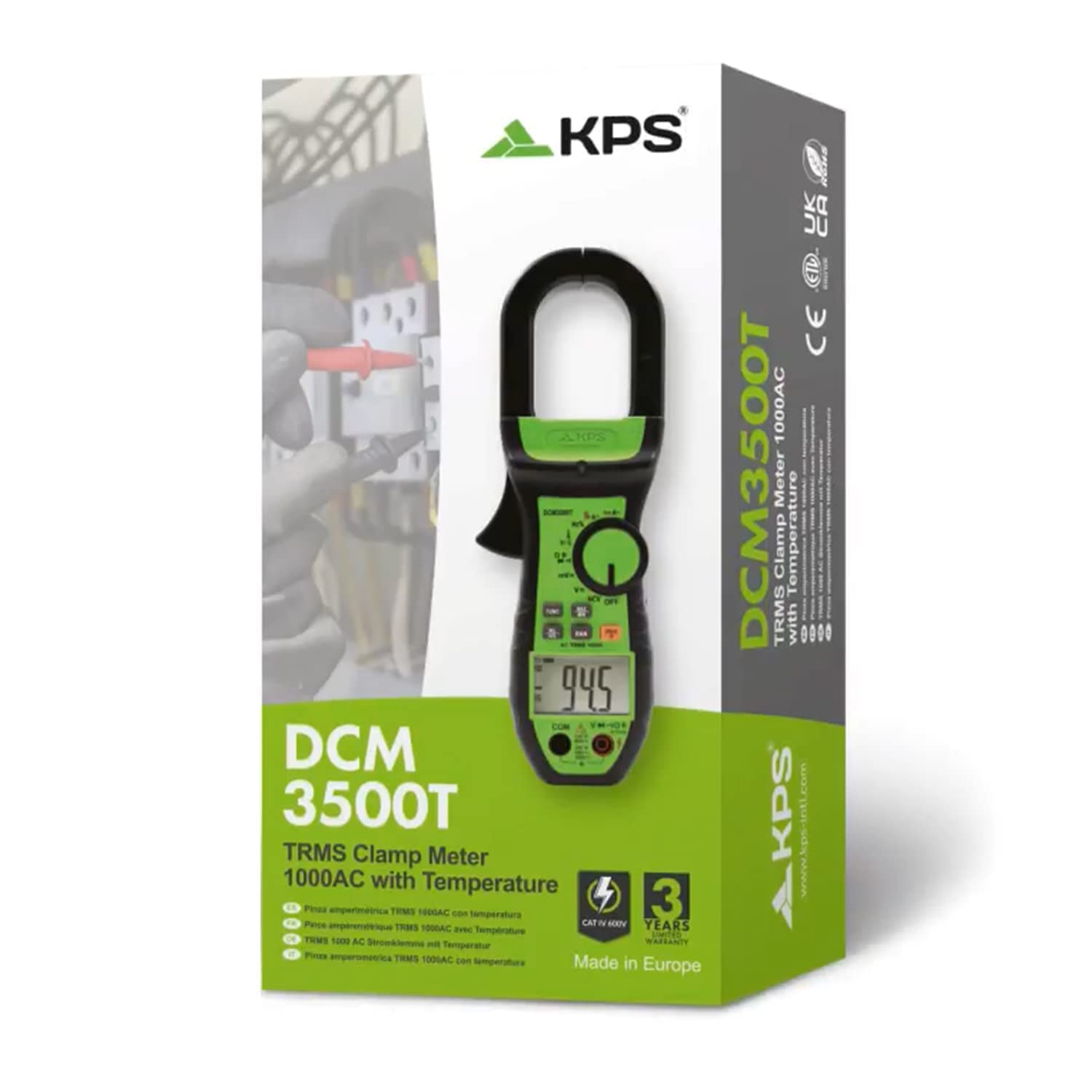 KPS-DCM3500T Pinza Amperimétrica Profesional Corriente AC TRMS 1000A Tension DC:1000V AC:750V Resistencia Frecuencia Hz/Duty/% Capacitancia y Temperatura 6000 Cuentas NCV CAT.IV