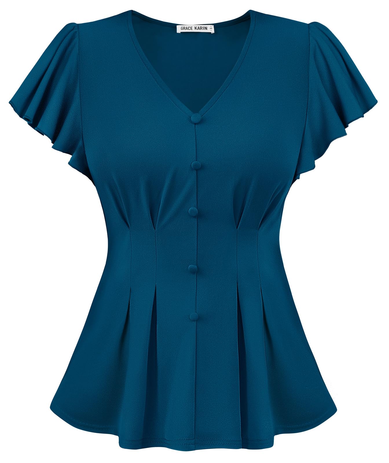 GRACE KARIN Top estivo da donna a maniche corte con scollo a V, con volant e punto smock plissettato, top per feste casual