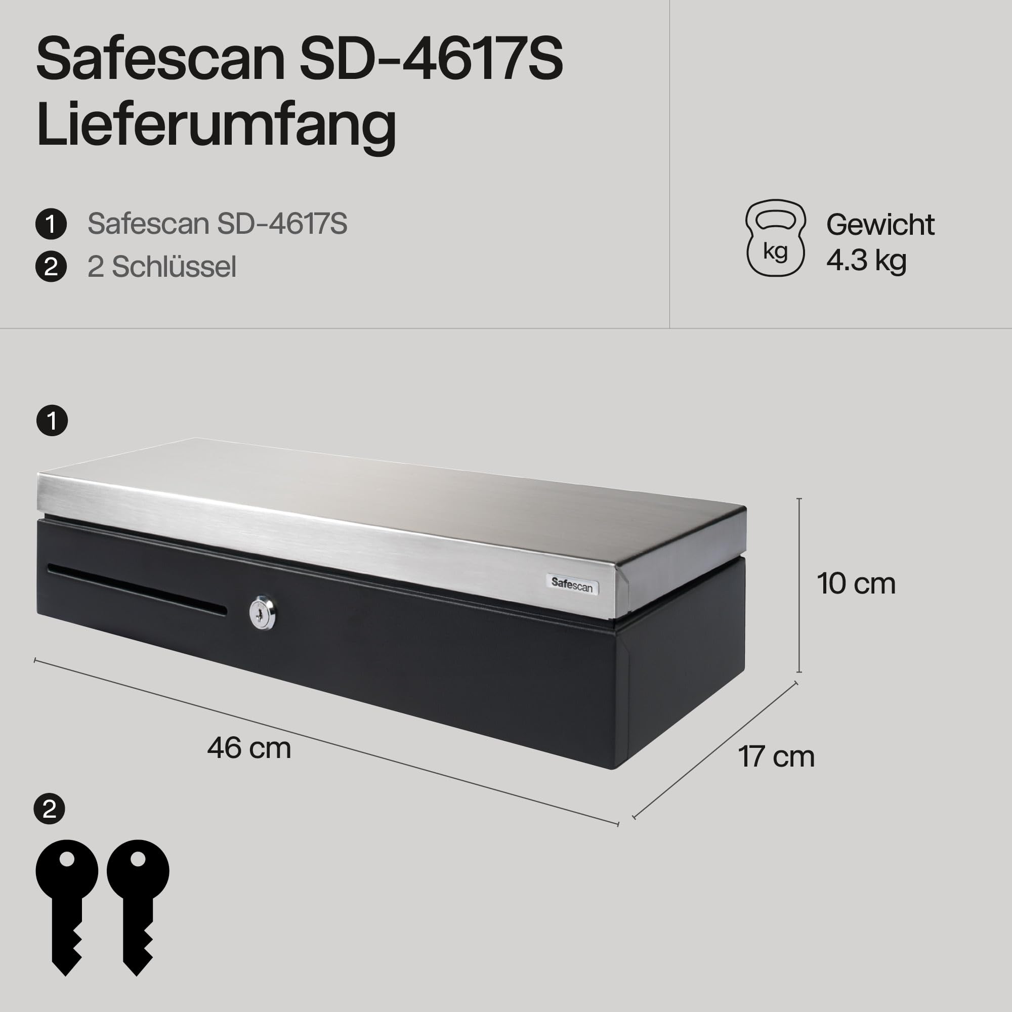 Safescan SD-4617S Klappdeckel-Kassenlade mit 6 Fächern für Banknoten und 8 für Münzen - Kassenlade mit RJ-12 Anschluss (z.B. Registrierkasse) - Solide Kassenlade von 46 x 17 x 10 cm