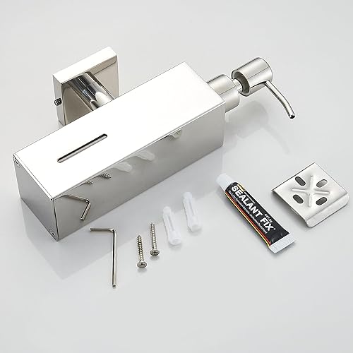 Miniatura 6 de TINYROW Dispensador de jabón de montaje en pared para baño, dispensador de jabón de acero inoxidable, soporte de jabón líquido cuadrado cromado