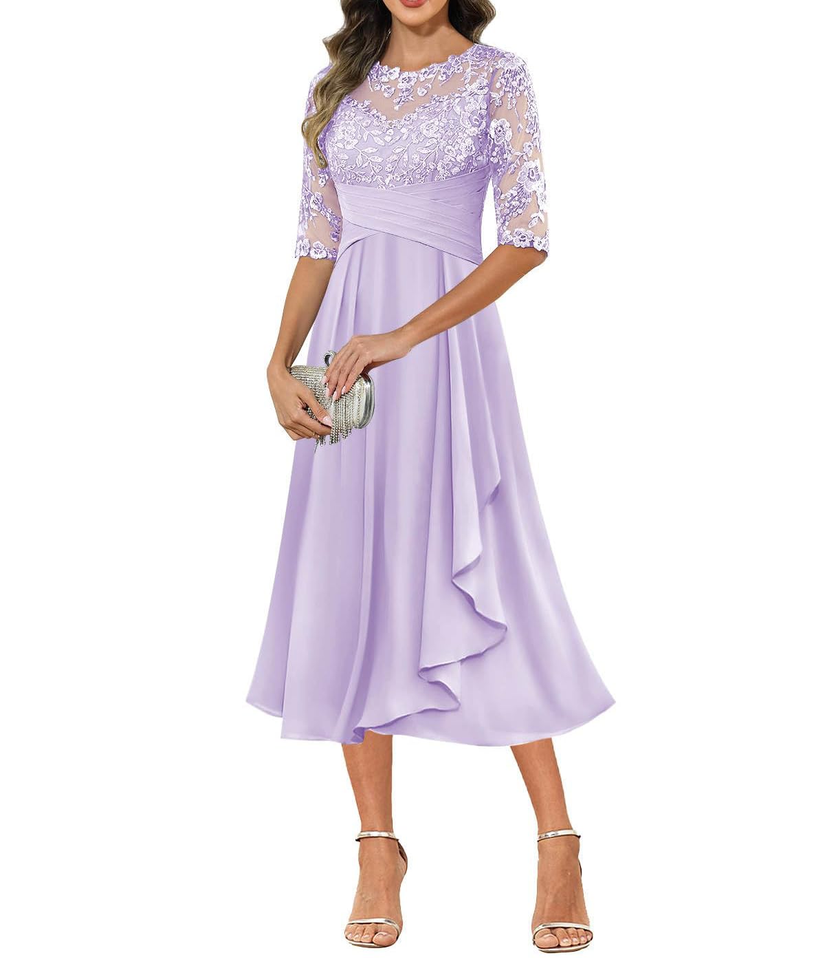 Lace Applique Mother of The Bride Dresses A-Line Tea Length Chiffon Formal Dress Ruched Half Sleeve Evening Party