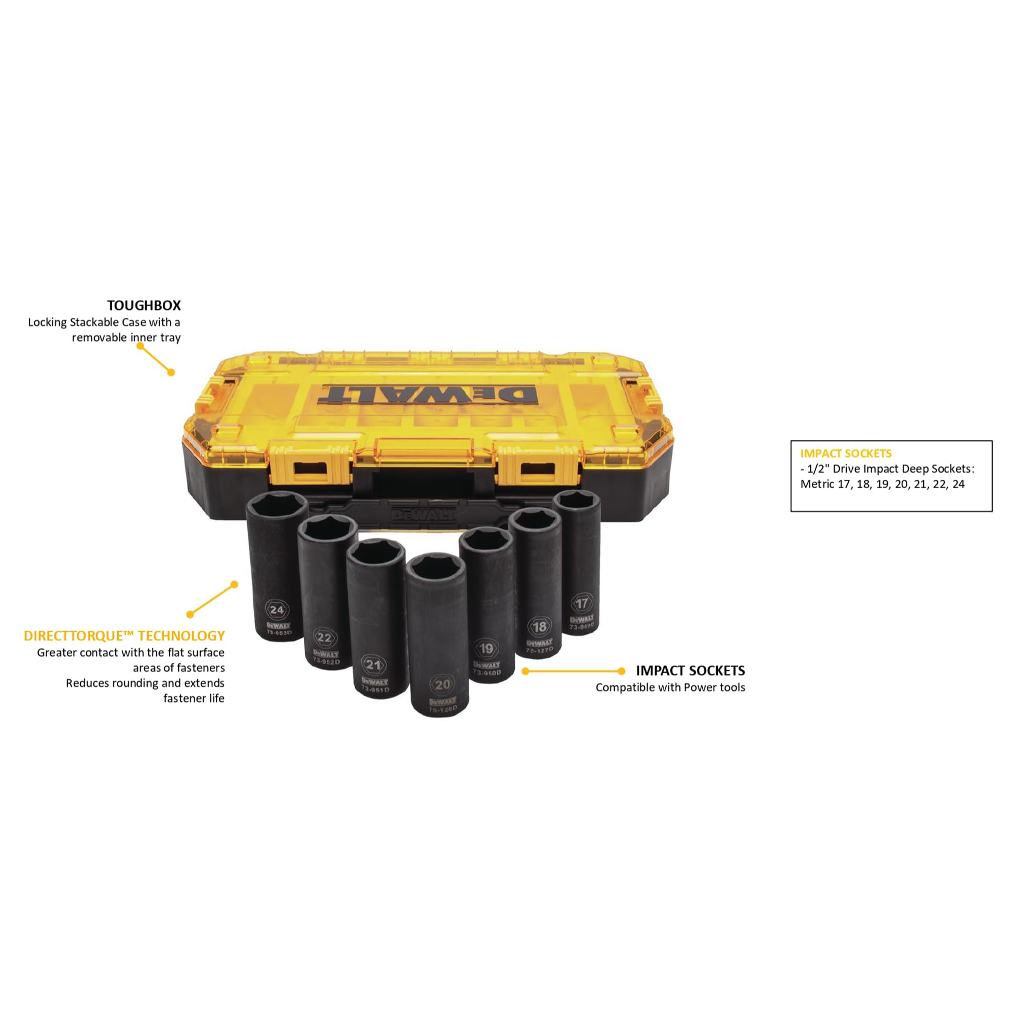 DEWALT DWMT74737-0 Set di chiavi a bussola metriche a impatto profondo, 1/2", 7 pezzi