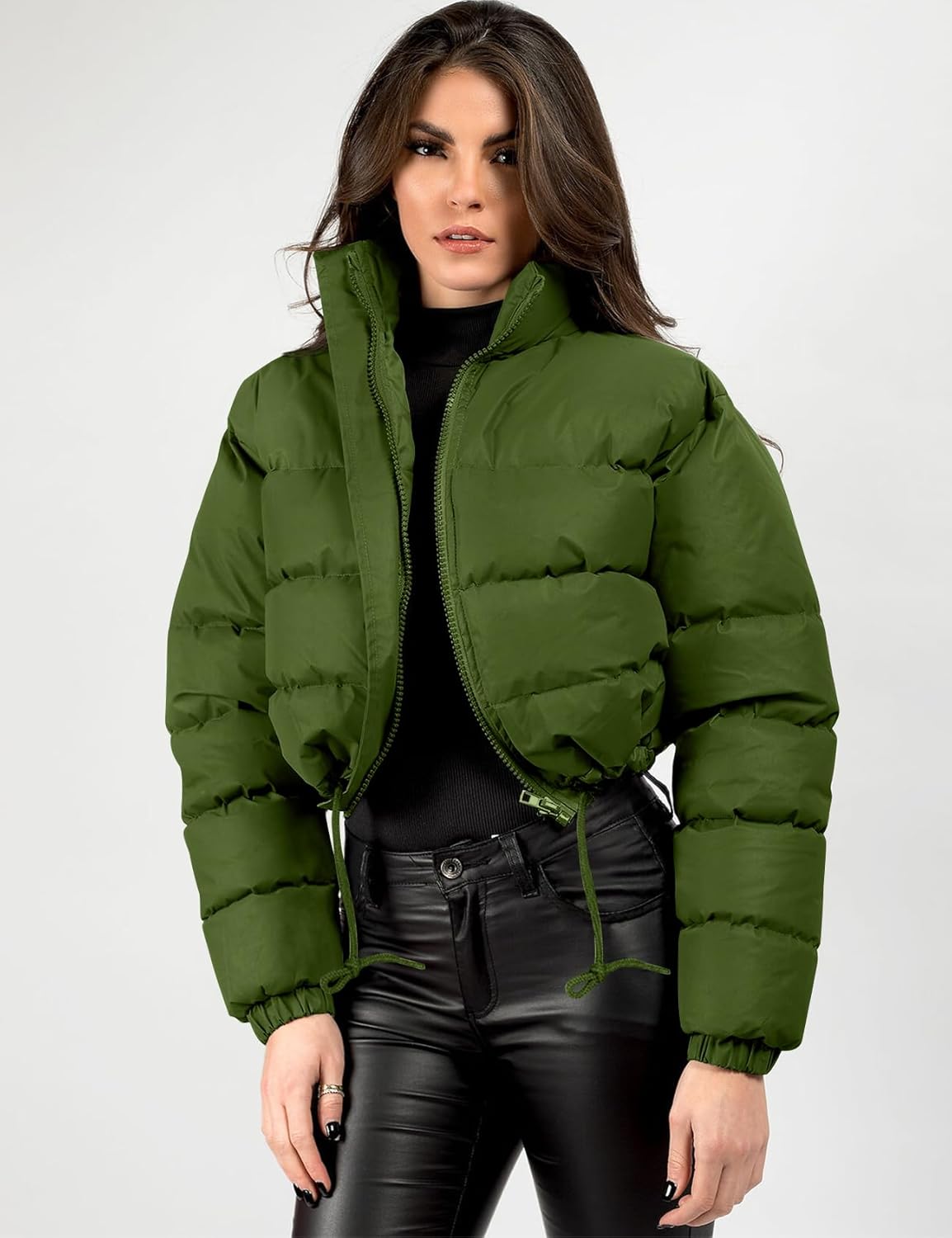 PEHMEA Women's Cropped Puffer Jacket Winter Warm Zip Up Stand Collar Short Down Bubble Coat with Pocket - Image 3