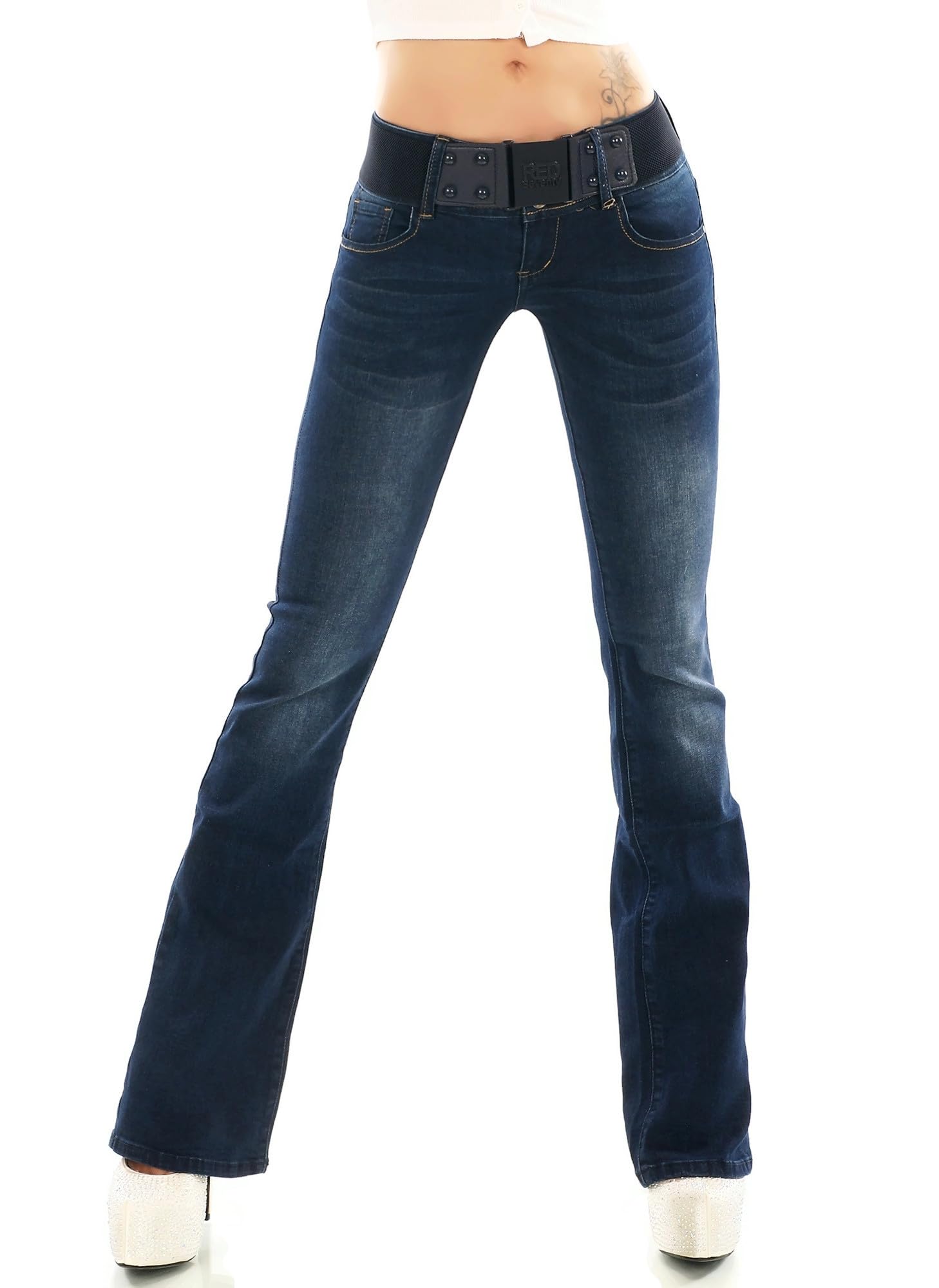 Red SeventyWomen's Stretch Denim Skinny Boot Cut Jeans Pants Blue Faded with Belt UK 8