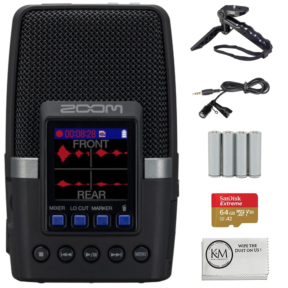 Zoom H2essential Multi-Mic 32-Bit Float Handy Recorder Bundle with 64GB Micro-SD + 4 Pack AA Batteries + Lavalier Microphone + Grip Tripod + Cleaning Cloth (6 Item)