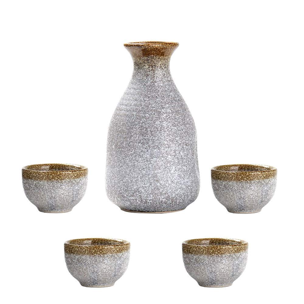 HFKRNS5 Piece Sake Set, Japanese Sake Cup Set,Silver Design Ceramic Cups, Quaint texture, for Cold/Warm/Shochu/Tea, Best Gift for Family and Friends-Tea Service