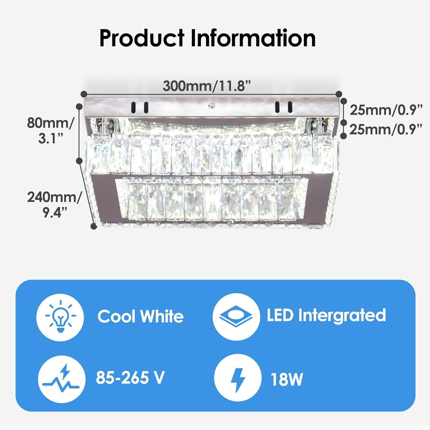 Crystal LED Ceiling Light Flush Mount, 6500K White Light Square Ceiling Fixture, K9 Crystal Stainless Steel 18W for Bedroom Kitchen Hallway