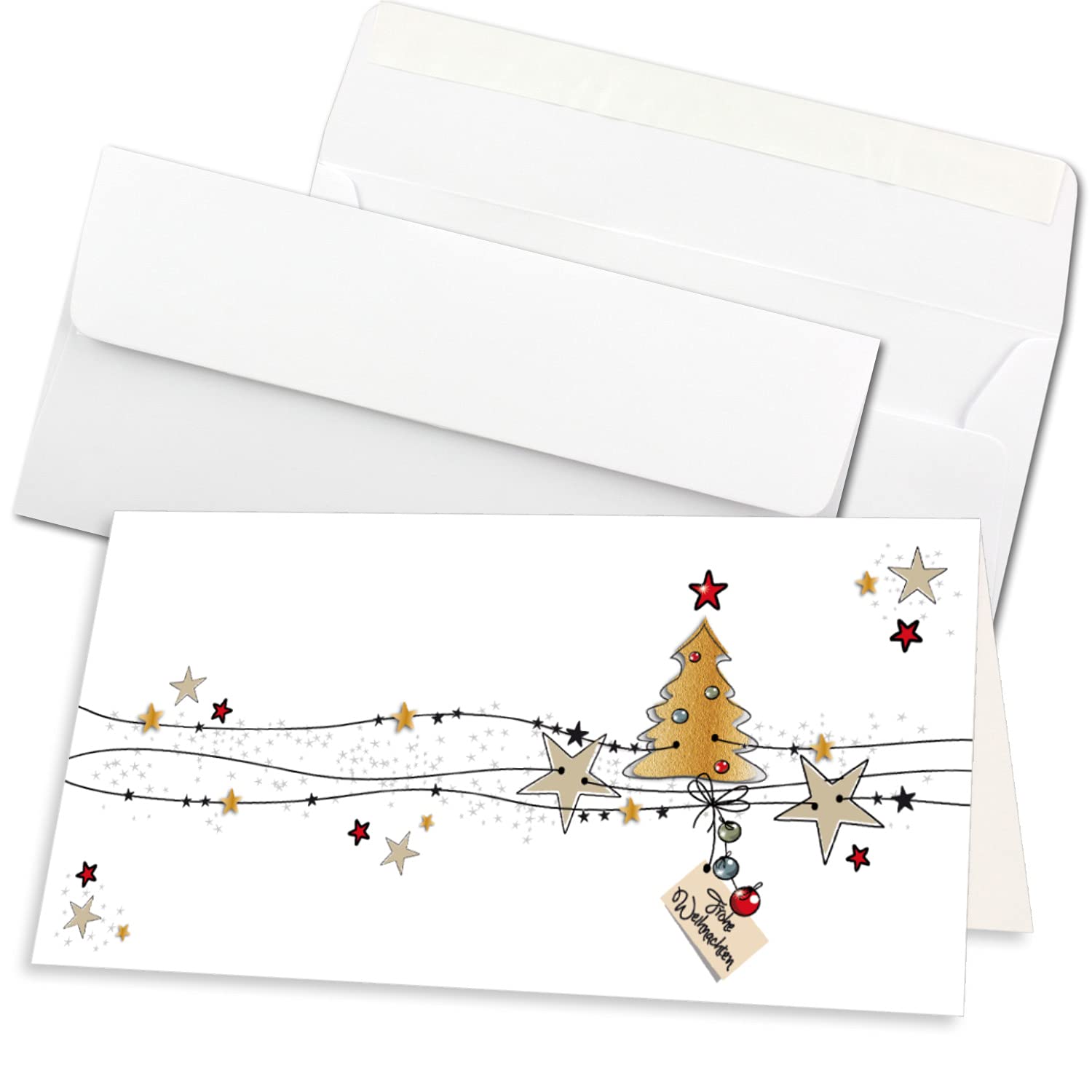 Juego de 75 tarjetas navideñas DIN largas en blanco con árbol de Navidad y estrellas - Tarjetas plegables con sobres a juego DIN largas en blanco brillante con adhesivo