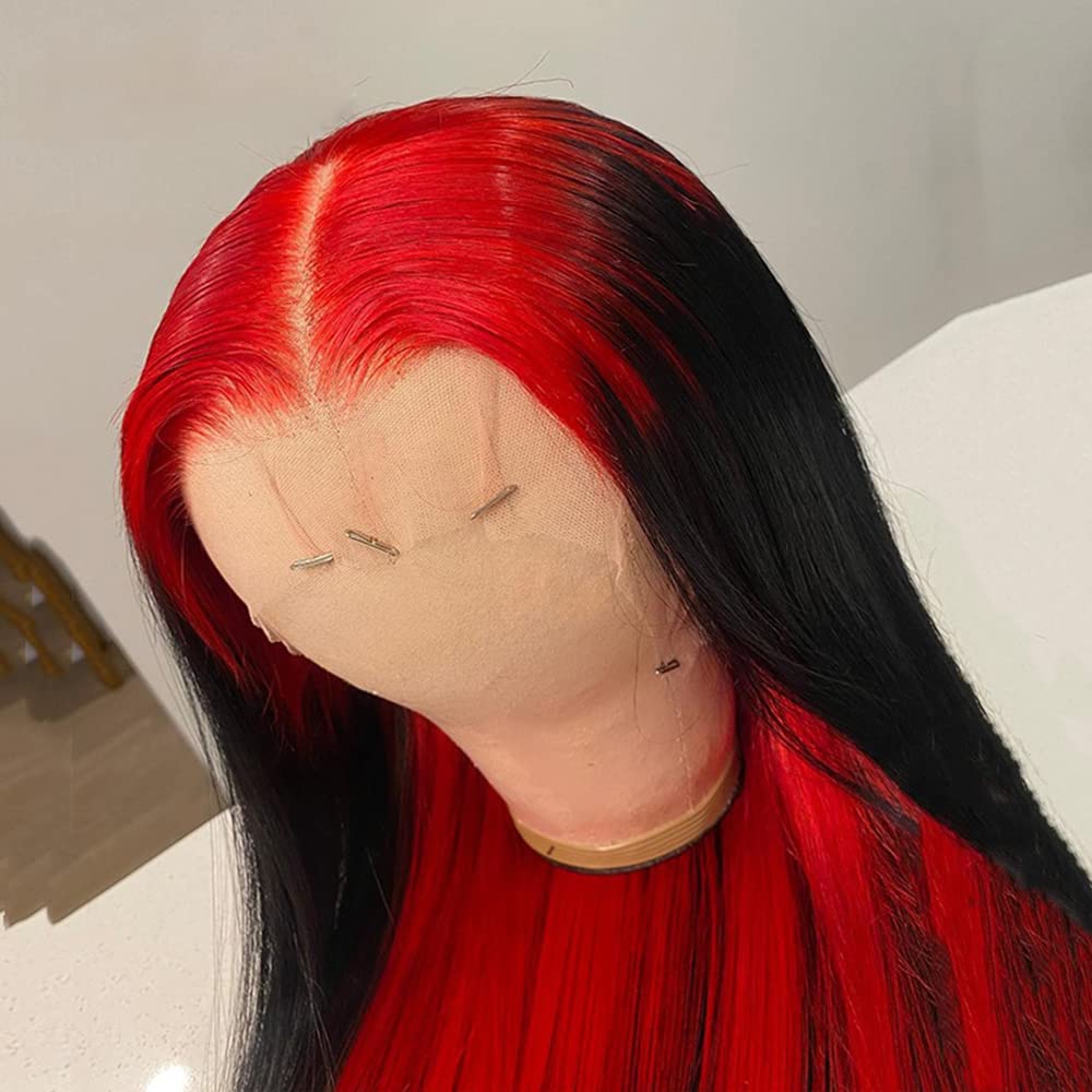 Highlight Ombre Lace Front Wig Human Hair Pre Plucked 13x4 HD Transparent Red/Natural Color Lace Frontal Wigs with Baby Hair 180% Density Colored Straight Lace Front Wig Human Hair for Black Women 20