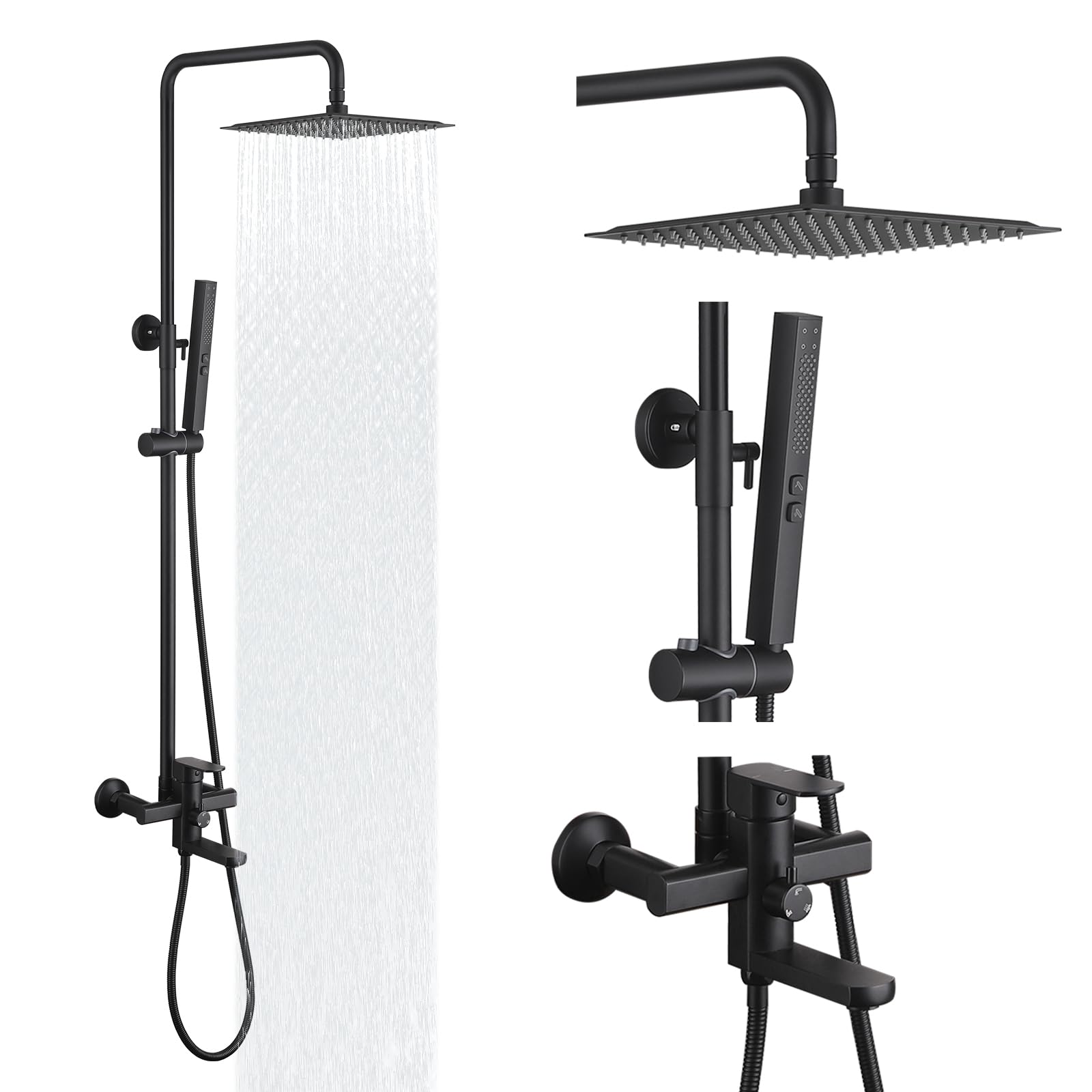 Exposed Shower System 10" Matte Black Rainfall Shower Head with 2 Modes Handheld and Tub Faucet Set, Square Shower Head 3 Functions Outdoor Shower Fixtures with Brass Valve, Height Adjustable