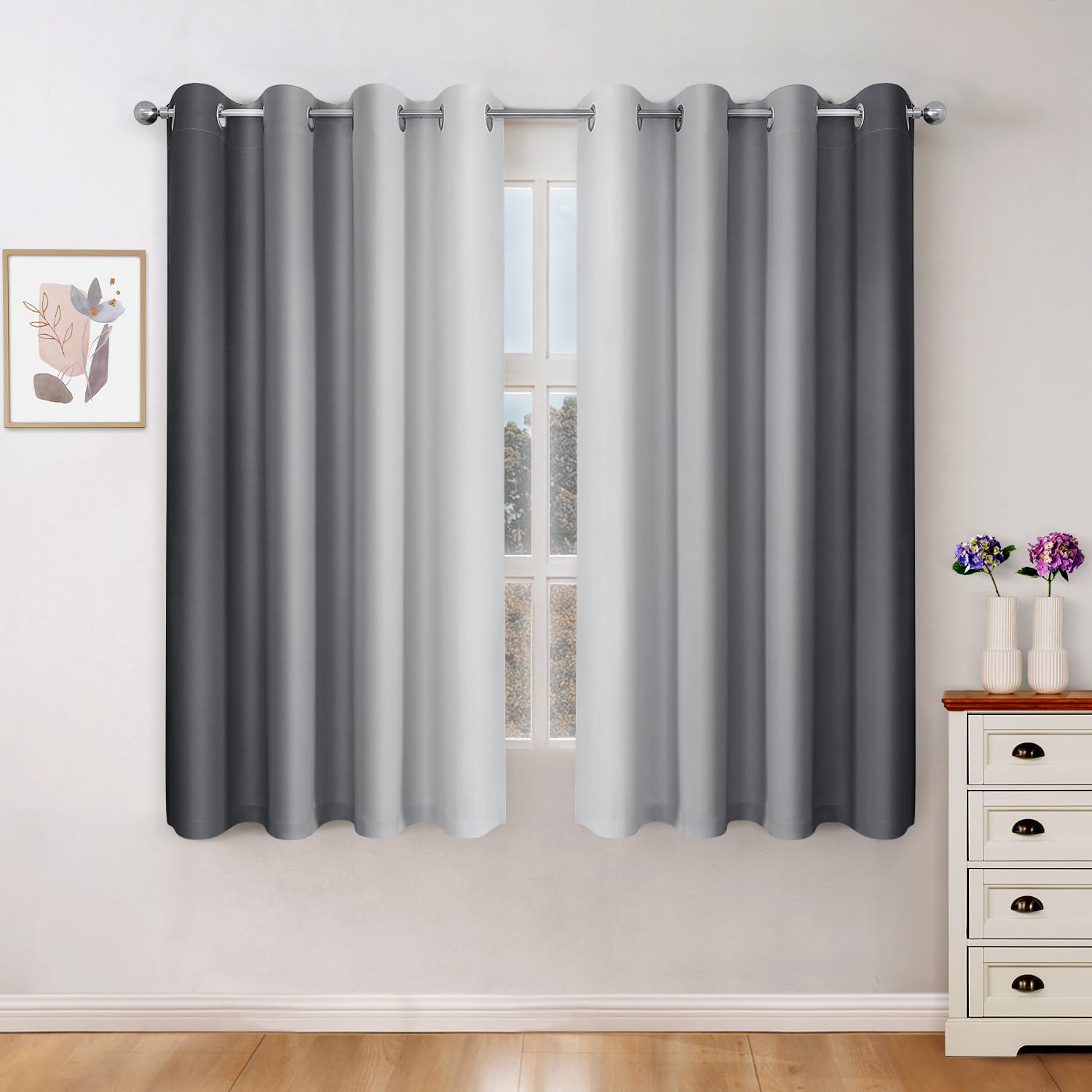 HOMEIDEAS Gray Grey Ombre Blackout Curtains, 52 X 63 Inch Length Gradient Color Room Darkening Curtains with Grommet Thermal Insulated Window Curtains & Drapes for Living Room, Bedroom, 2 Panels