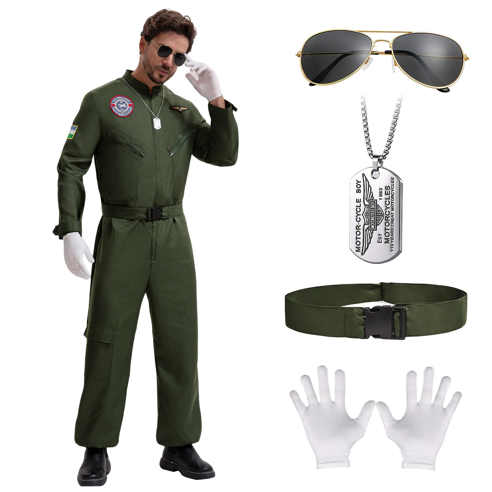 Charmofun Disfraz Piloto Hombre, Traje Piloto Hombre Conjunto de Mono Aviador Adulto con Mono Verde Oliva, Gafas de Sol, Collar y Guantes para Carnaval Halloween