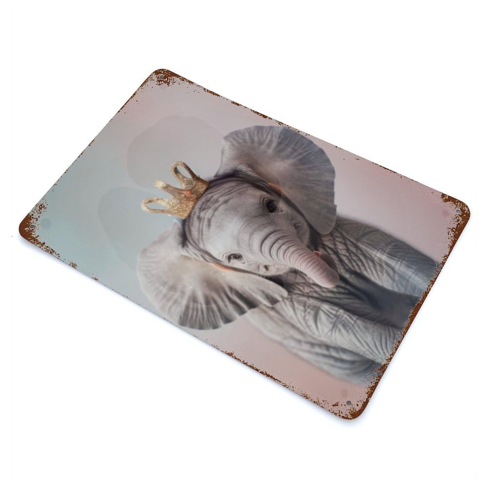 Rust Effect Elephant Pastel Crown Rusty Metal Tin Sign 11.8"x7.9", Old School Wall Decor for Farmhouse, Kitchen And Entryway Decor