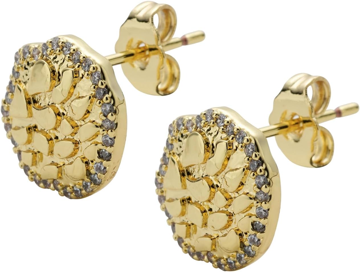 14K Gold Plated Nugget Earrings For Men,Cubic Zirconia Earrings Studs Gold,Unisex Round Roung Textured Cookie Nugget Stud