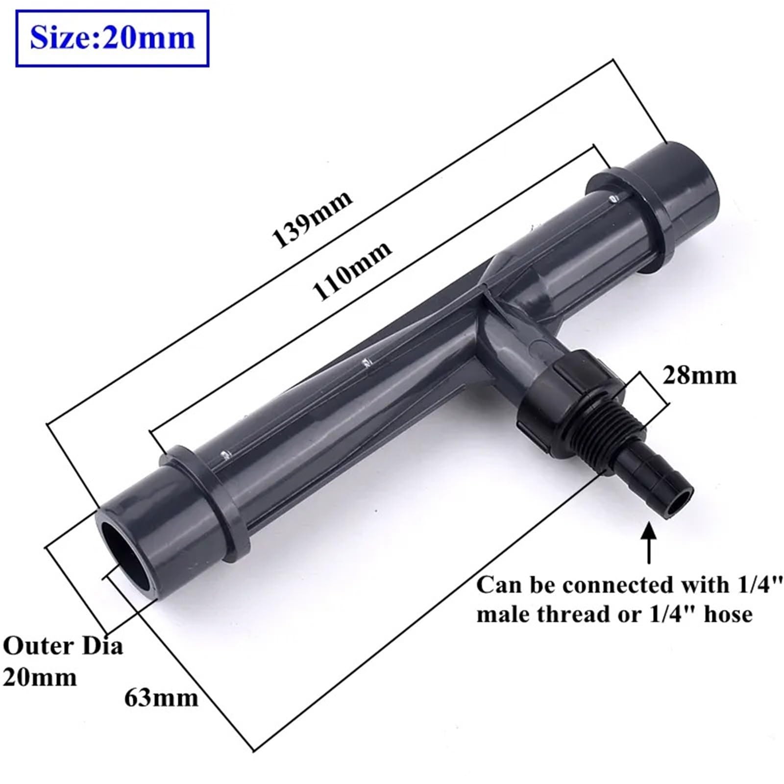 1 inyector de fertilizante Venturi de rosca macho de 1/4 a 2 pulgadas, sistema de riego Venturi, jeringa de tubería de agua de jardín (diámetro exterior de 20 mm)