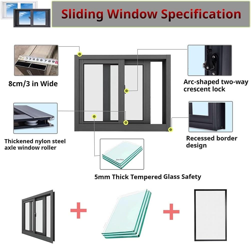 Horizontal Sliding Window Aluminum Flush Mount Shed Window with Tempered Glass 22 24 26 30 36 40 44 48 50 inch Width Basement Ventilation Windows for Interior Hallway, Playhouse Garage(White,40x25in)