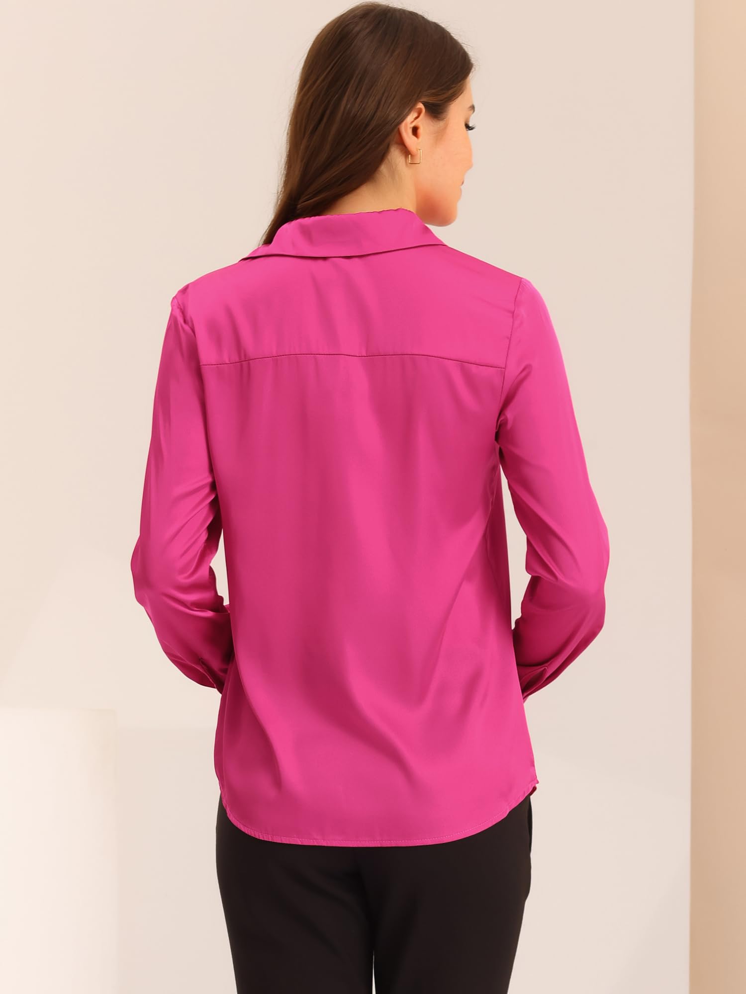 Allegra K Chemisier en satin élégant à manches longues et col en V pour femme, rose vif, Taille M