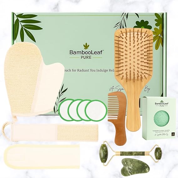 Self Care Natural Unique Organic Spa Set for Women – Eco Friendly Gift Box with Bamboo Comb, Jade Roller, Facial Sponge, Makeup Remover Pads, Headband & Bath Glove – Birthday, Relaxation Kit