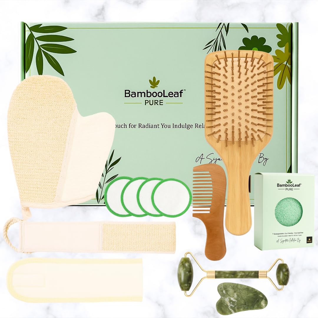 Self Care Natural Unique Organic Spa Set for Women – Eco Friendly Gift Box with Bamboo Comb, Jade Roller, Facial Sponge, Makeup Remover Pads, Headband