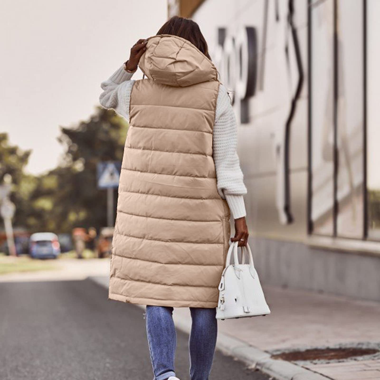 Chaleco acolchado largo de invierno para mujer, con capucha, sin mangas, cálido, resistente al viento, con bolsillos, chaqueta acolchada, monocolor, deportiva, de entretiempo, S - 5XL