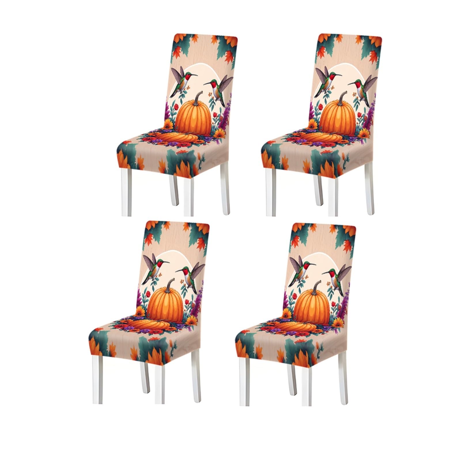 BOSUYBN Autumn Pumpkin & Hummingbird Print Stretch Dining Chair Covers, Set Of 2/4/6 Furniture Protectors for Home Dining Room(4PCSChair cover)